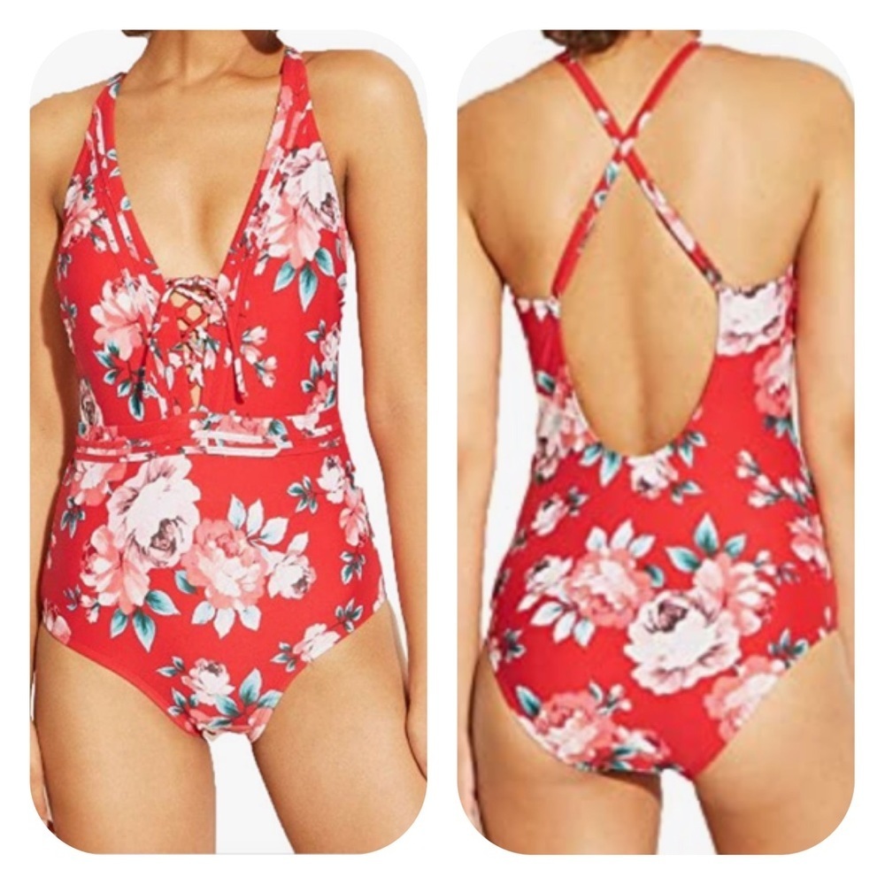 Kona Sol Floral One Piece Swimsuit Red Lace Up NWT Sz Small